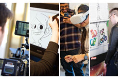 A collage of images for media arts that includes a camera, a drawing on a tablet, a virtual reality headset, and a drawing of animated characters.